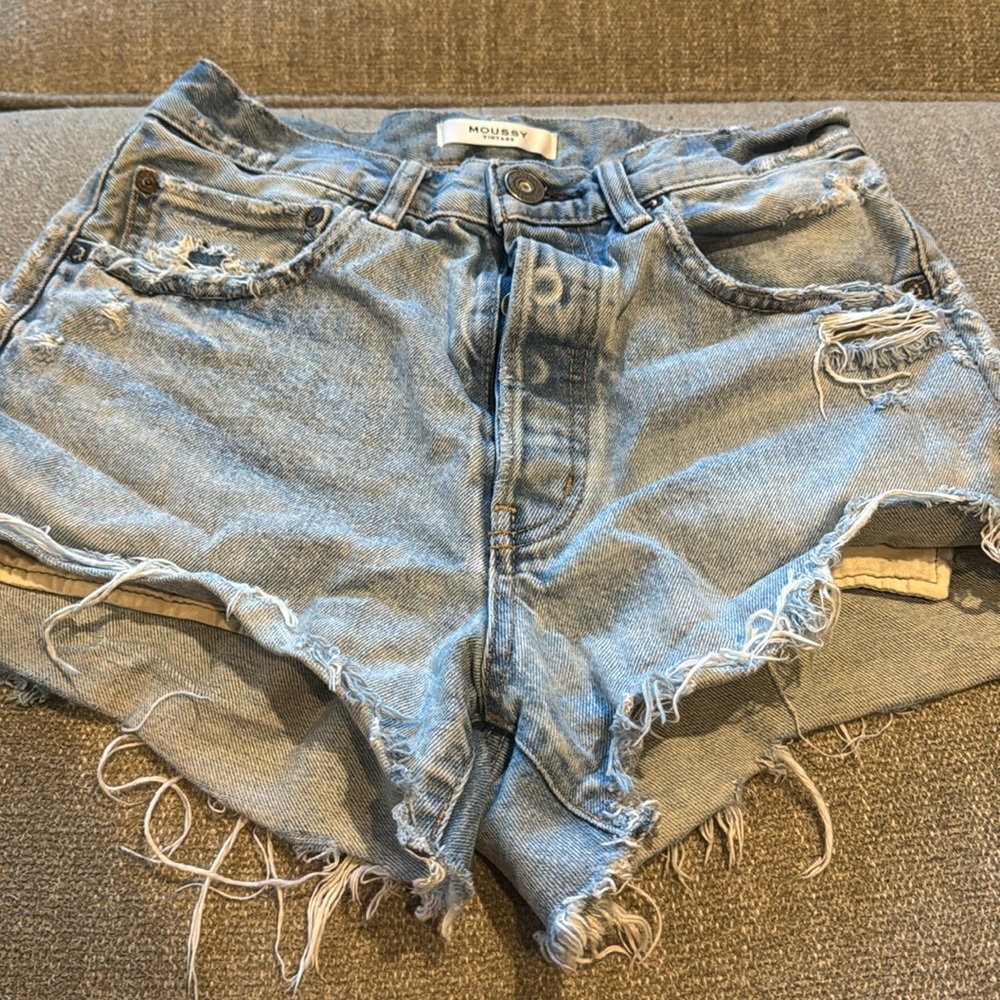 Blue Distressed Jean Shorts with Frayed Hem